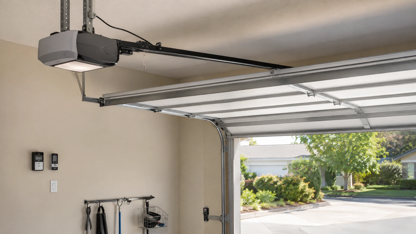 Sunnyvale garage door opener rail, motor unit, controls, safety sensors, and sectional door hardware.