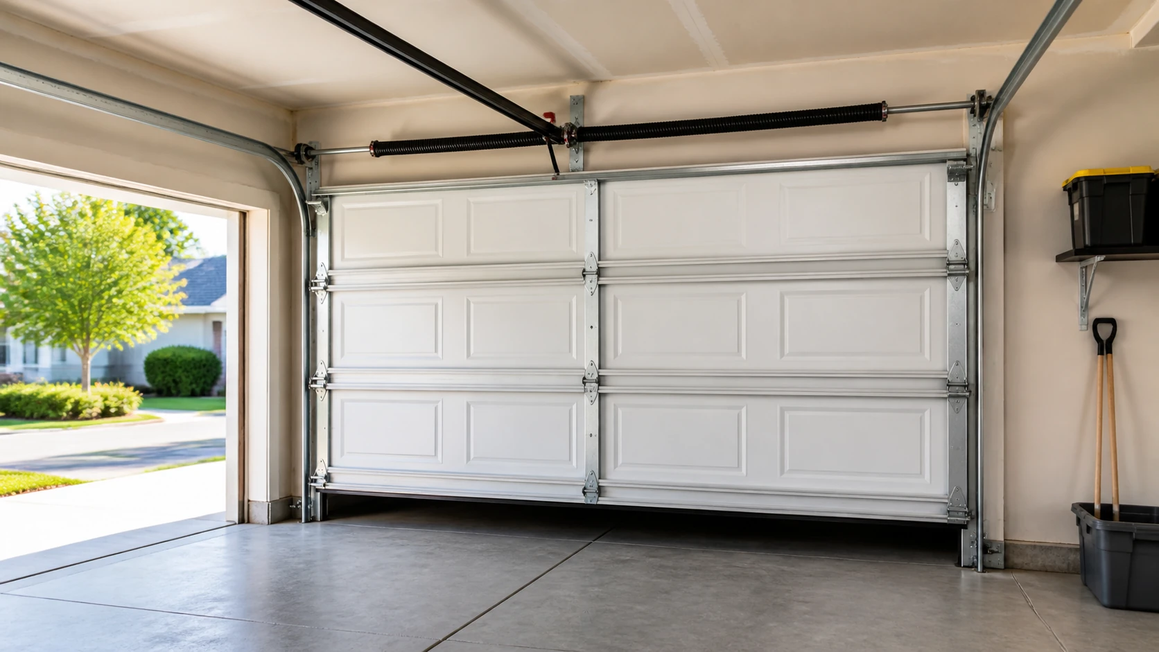 Sunnyvale residential sectional garage door with visible tracks, rollers, hinges, and spring bar.